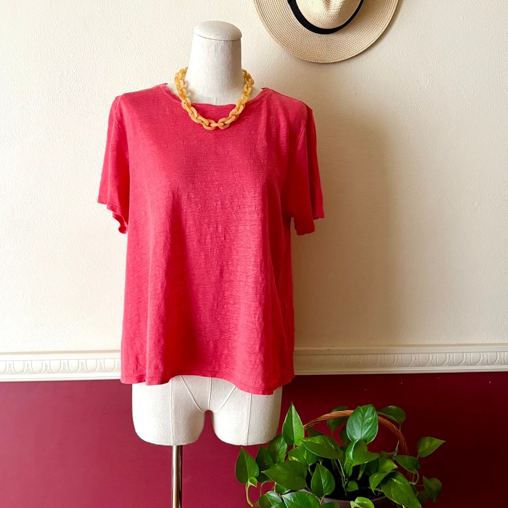 Eileen Fisher Coral Pink 100% Organic Linen Short Sleeve Knit Tee S Relaxed Boxy